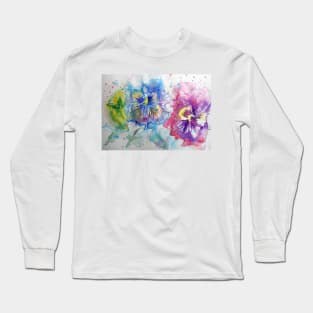 Red, Purple and Blue Pansy Watercolor Long Sleeve T-Shirt